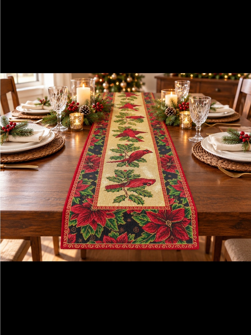 Holiday Poinsettia & Cardinal Table Runner - Red/Green 72inches